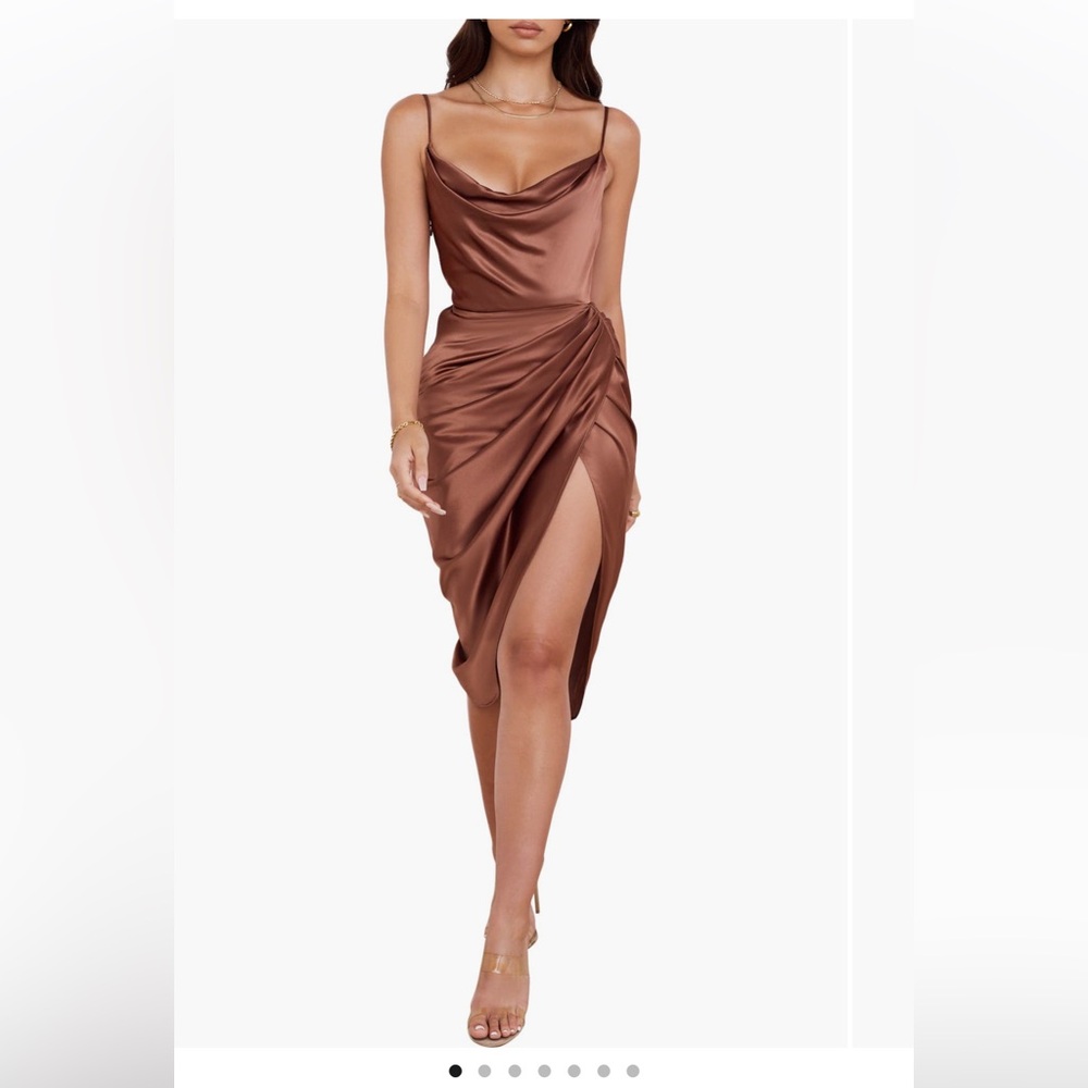 House of CB Reva Satin Gathered Corset Dress in Toffee